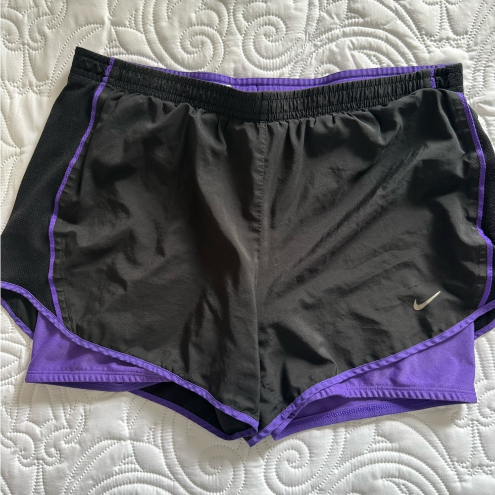 Nike Black and Purple Athletic Shorts with Elastic Waistband